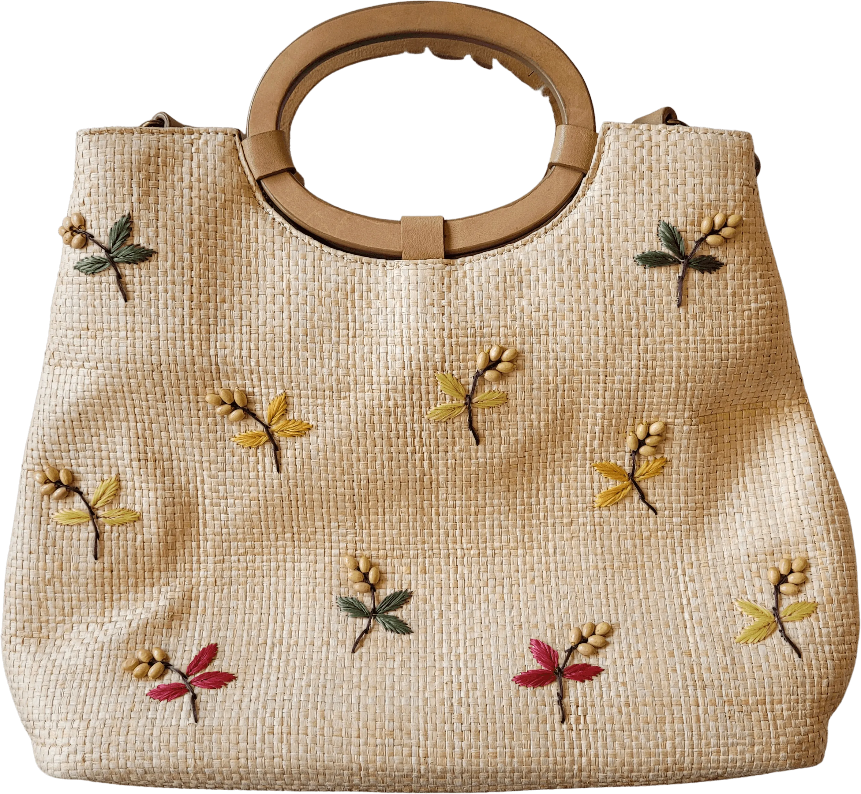 00's Beaded Floral Straw Summer Handbag with Leather Handle and Strap by Fossil