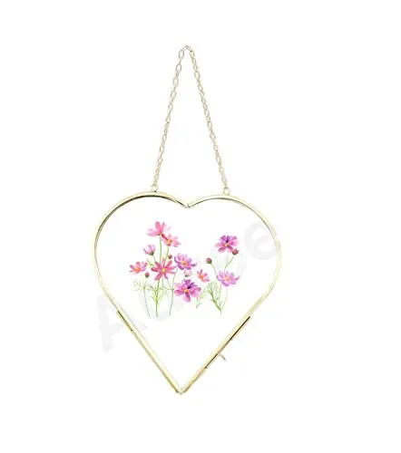 Adzee Hanging Glass Frame for Pressed Flowers, Brass Picture Frame Heart shape Photo frame Dried Flowers Frame Wall Decor Size -6x6 inch