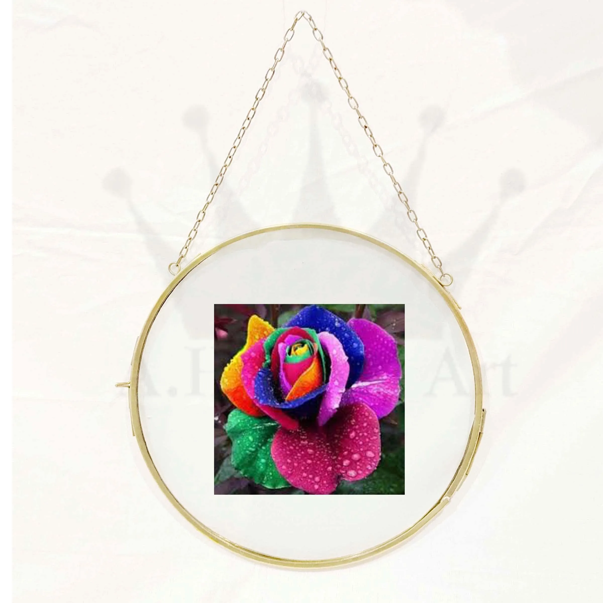 A.H Royal Art Decorative Brass & Glass Hanging Round Photo Frame with Pressed Glass (Size - 7x7 inch)