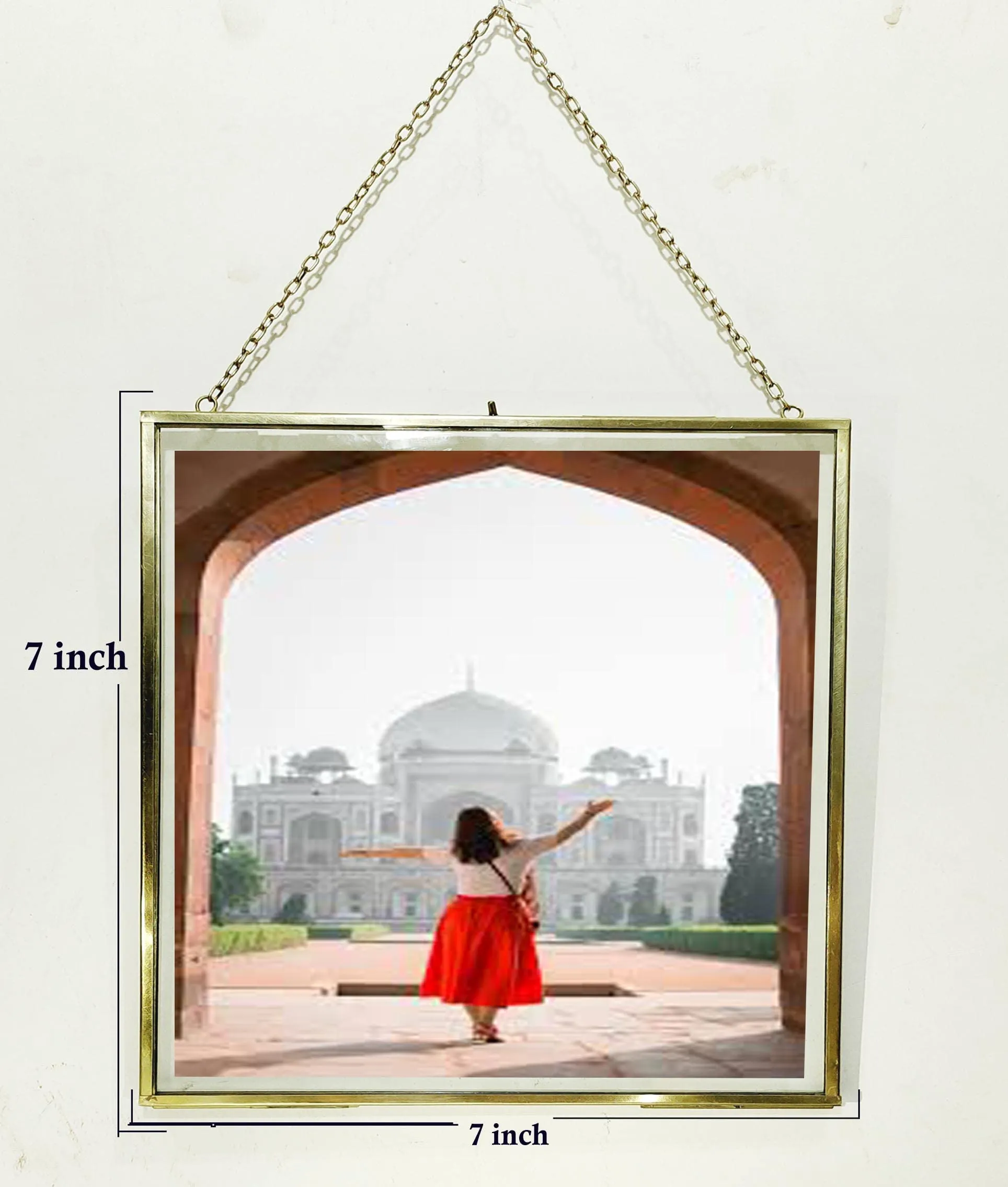 A.H Royal Decorative Brass & Glass Hanging Square Photo Frame with Pressed Glass (Size - 7x7 inch)