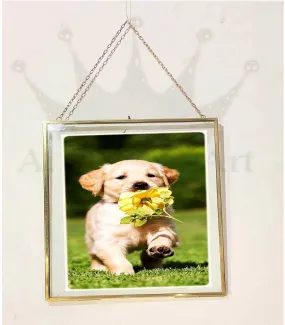 A.H Royal Decorative Brass & Glass Hanging Square Photo Frame with Pressed Glass (Size - 7x7 inch)