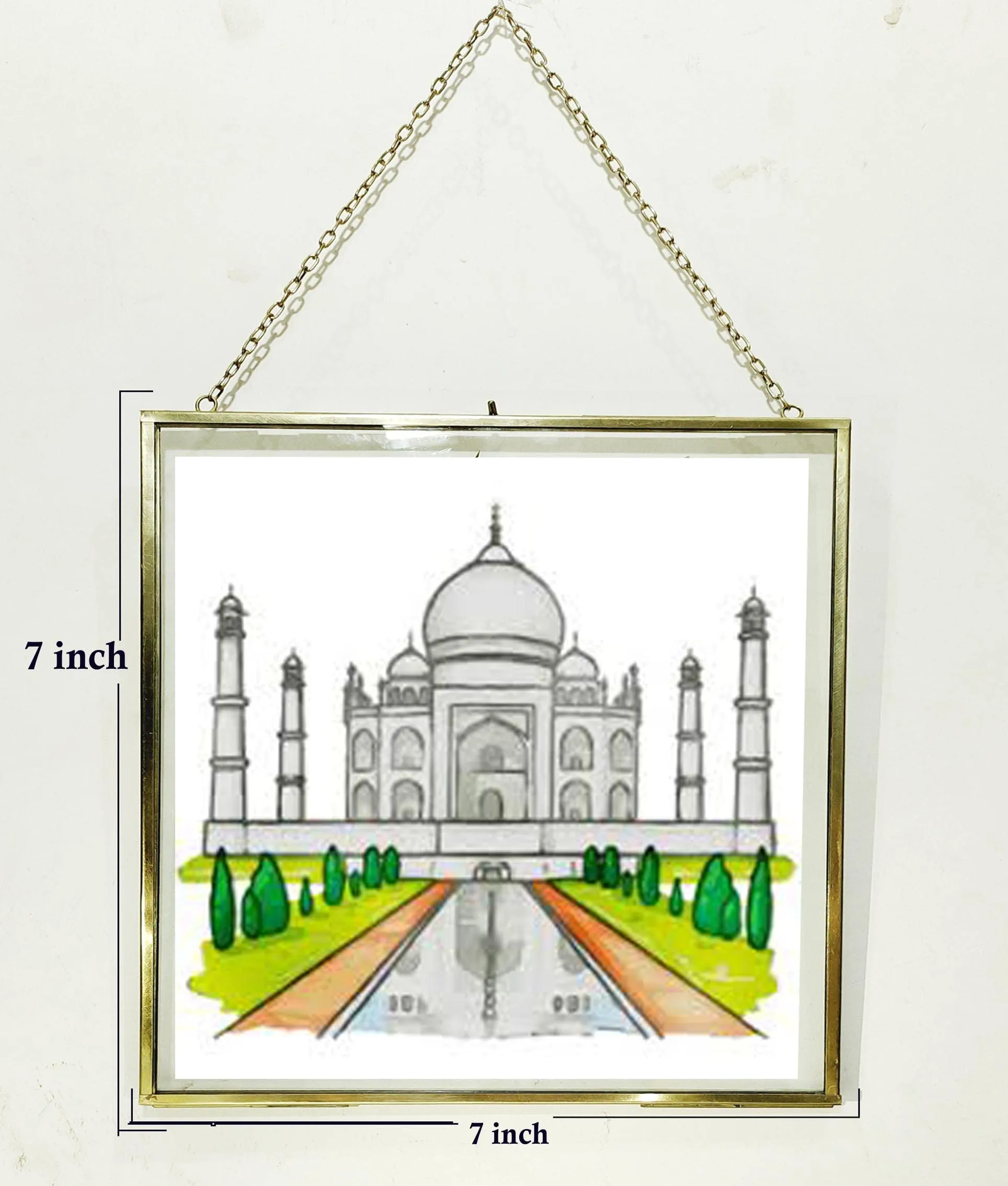 A.H Royal Decorative Brass & Glass Hanging Square Photo Frame with Pressed Glass (Size - 7x7 inch)