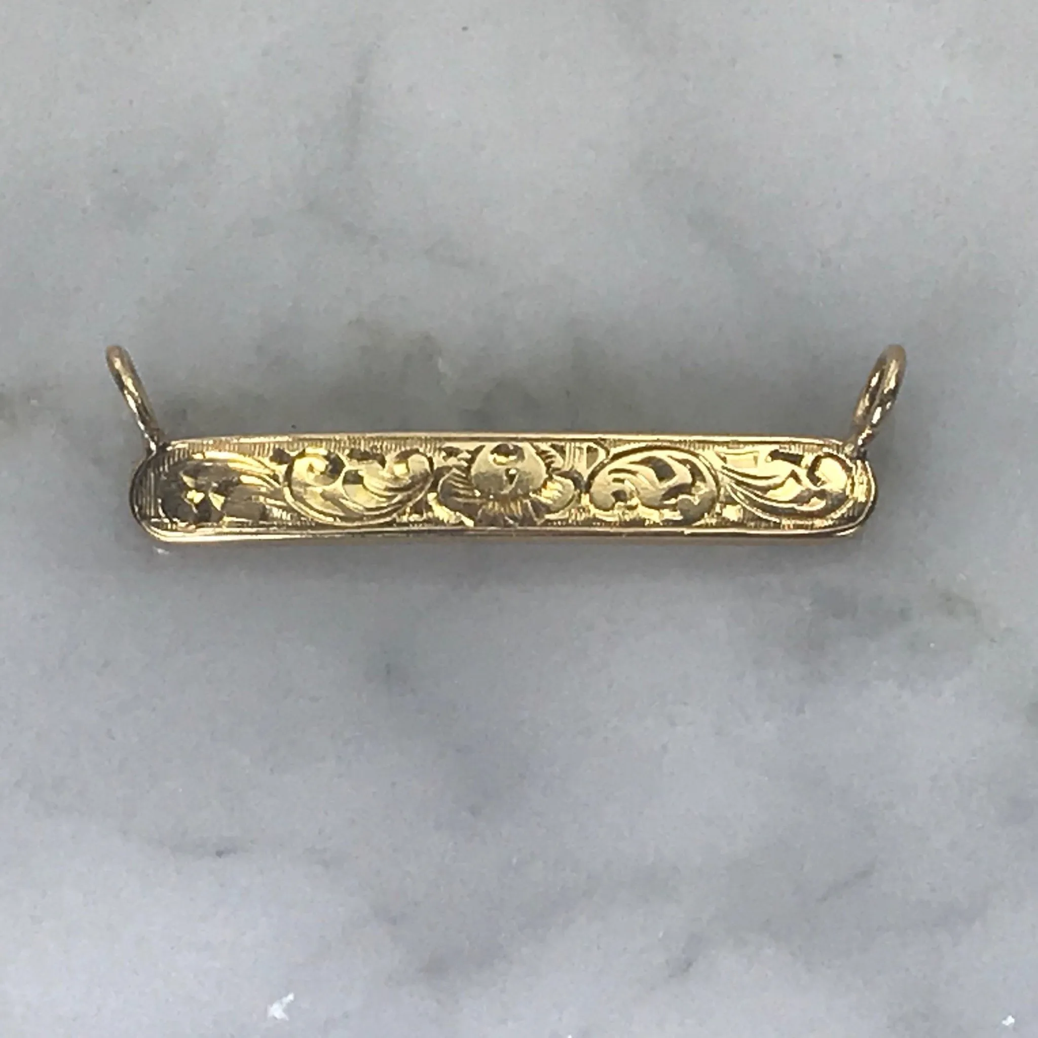 Antique Gold Bar Pendant. 14K Yellow Gold. Scroll Design. Upcycled Diaper Pin. Circa 1800s.