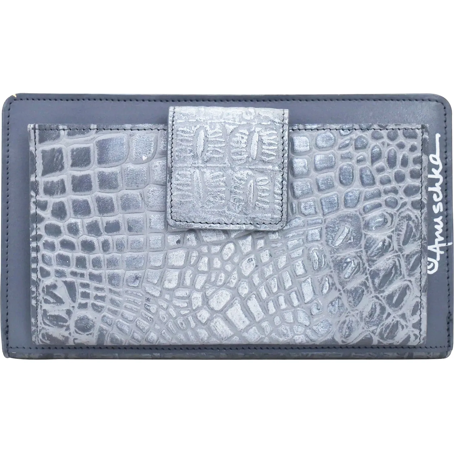 Anuschka Organizer Wallet Crossbody Croc Embossed Silver Grey Leather