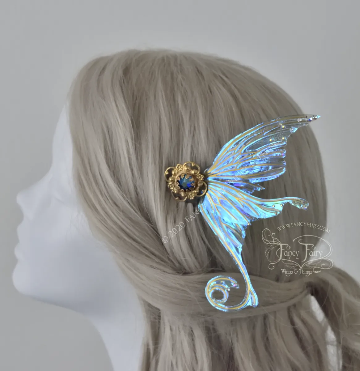 Aphrodite 3 and 1/5 inch Aquamarine Fairy Wing Hair Combs with Silver Veins