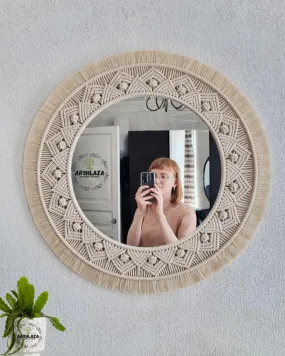 ARSHLAZA Macrame Mirror,Wall Hanging Round Mirror,Boho Wall Art for Living Room Bedroom Decor Baby Nursery Dorm Entryways,Decorative Circle Mirror Bohemian Decor,Beige [M116]