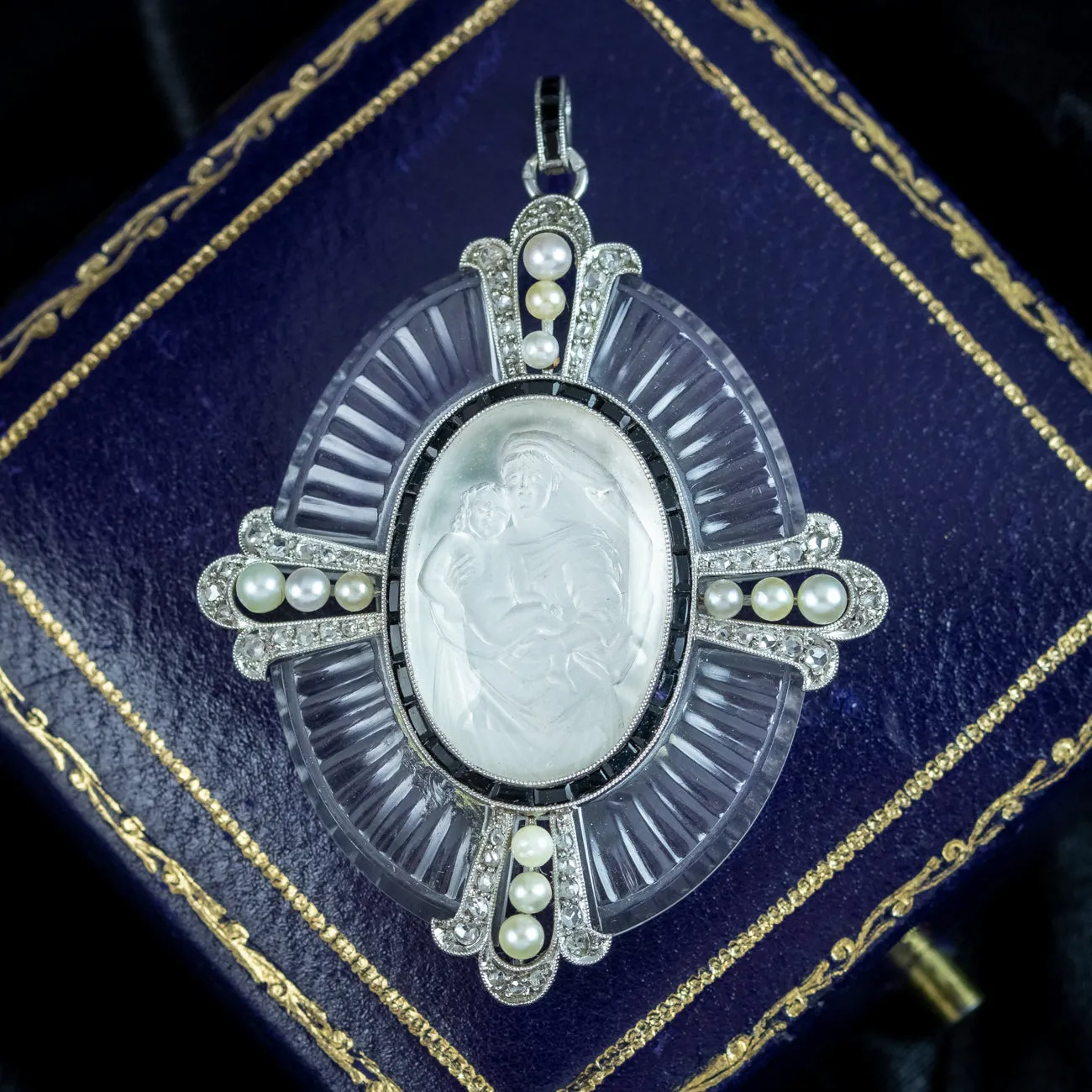 Art Deco Mary And Jesus Crystal Diamond Pearl Cross Pendant With Box