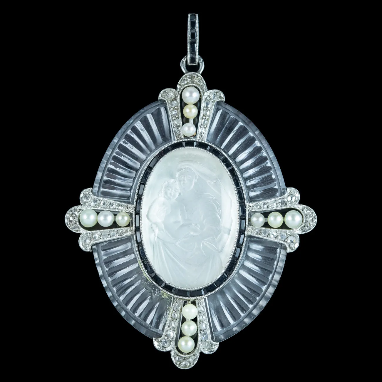 Art Deco Mary And Jesus Crystal Diamond Pearl Cross Pendant With Box