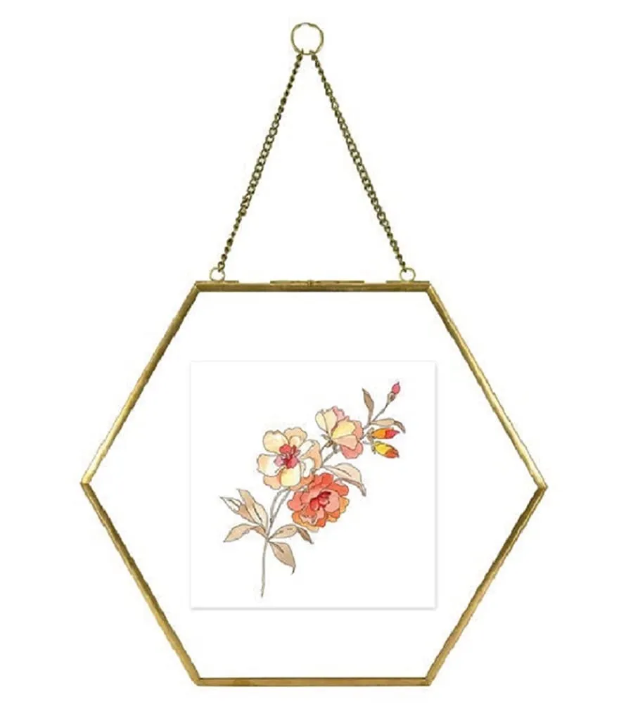 Art India Collections Home Decor Glass & Metal Hexagonal Hanging Picture Frame for Wall Decoration with 2 Sides Glass Golden Decorative Hanging Photo Frame 7x8"