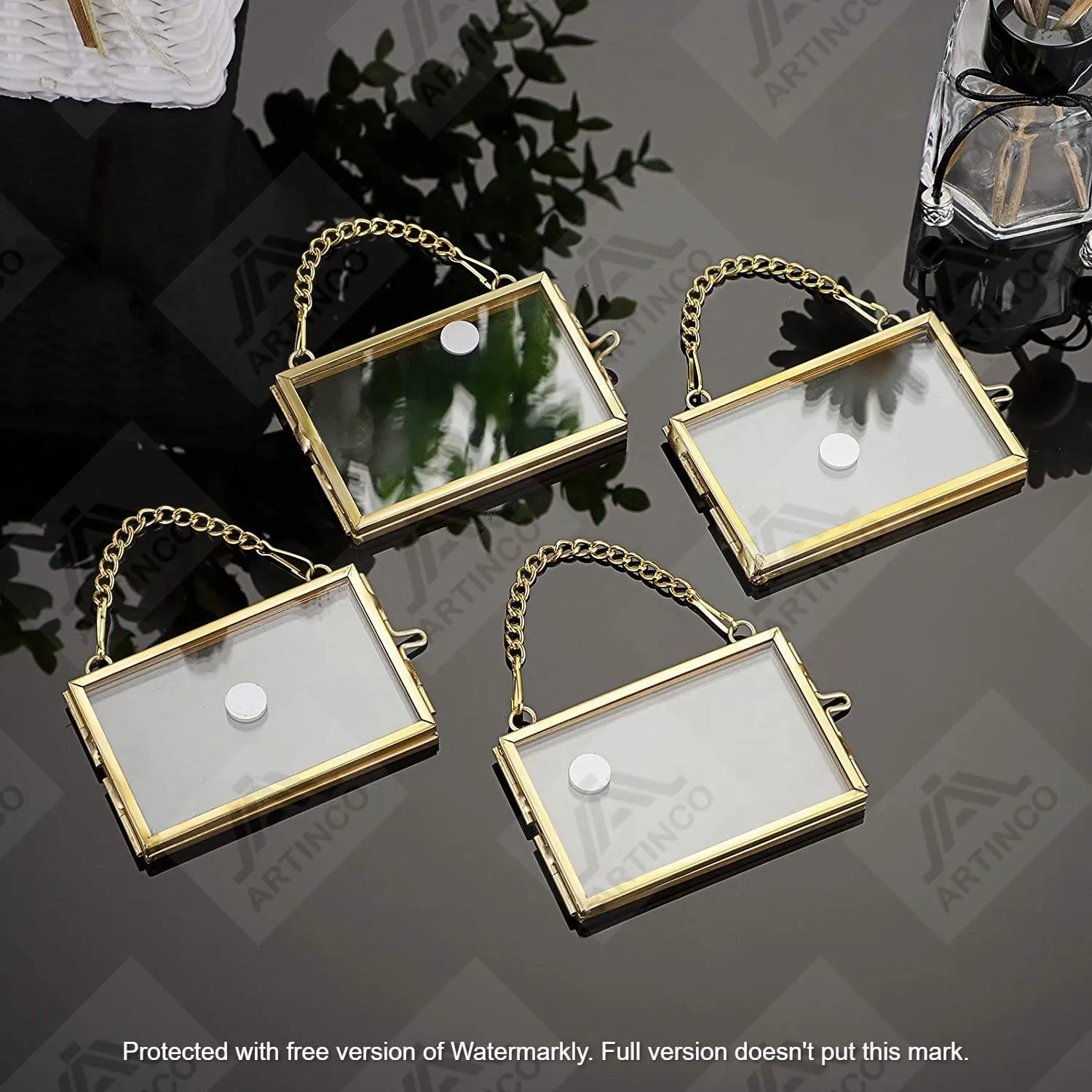 Art India Collections Home Decor Mini Glass and Metal Hanging Picture Frame for Wall Decoration, with 2 Sides Glass with Hanging 3x2 Inches ,Gold