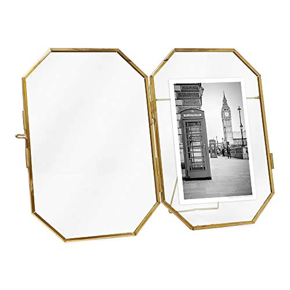 Art India Collections Octagon Brass Glass Table Top Photo Frame for Dried Flowers, Pressed Flowers, Poster, Double Glass Phot Frame 5x7"