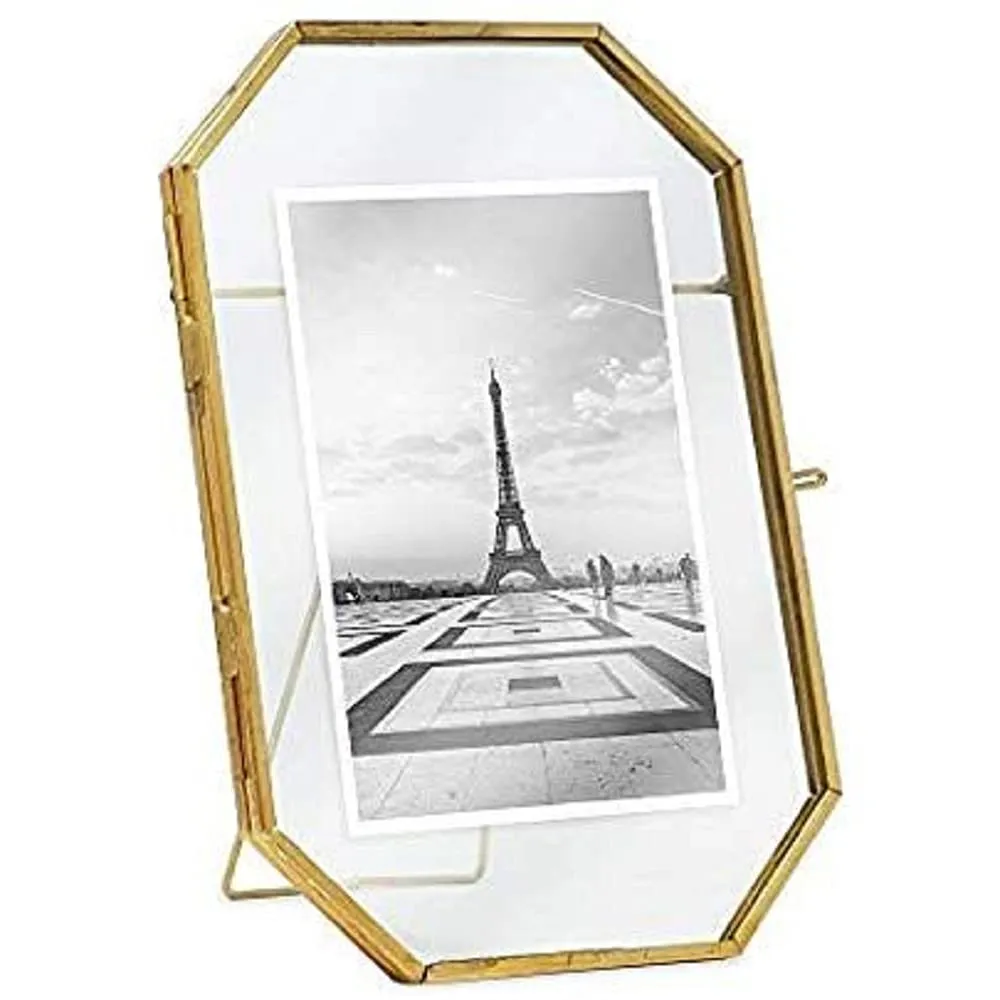 Art India Collections Octagon Brass Glass Table Top Photo Frame for Dried Flowers, Pressed Flowers, Poster, Double Glass Phot Frame 6x8"