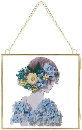 Art India Collections Wall Hanging Square Shape Brass Glass Photo Frame for Dried Flowers, Pressed Flowers, Poster, Double Glass, Floating Frame for Gifting 10x10 inches (25x25 cm)