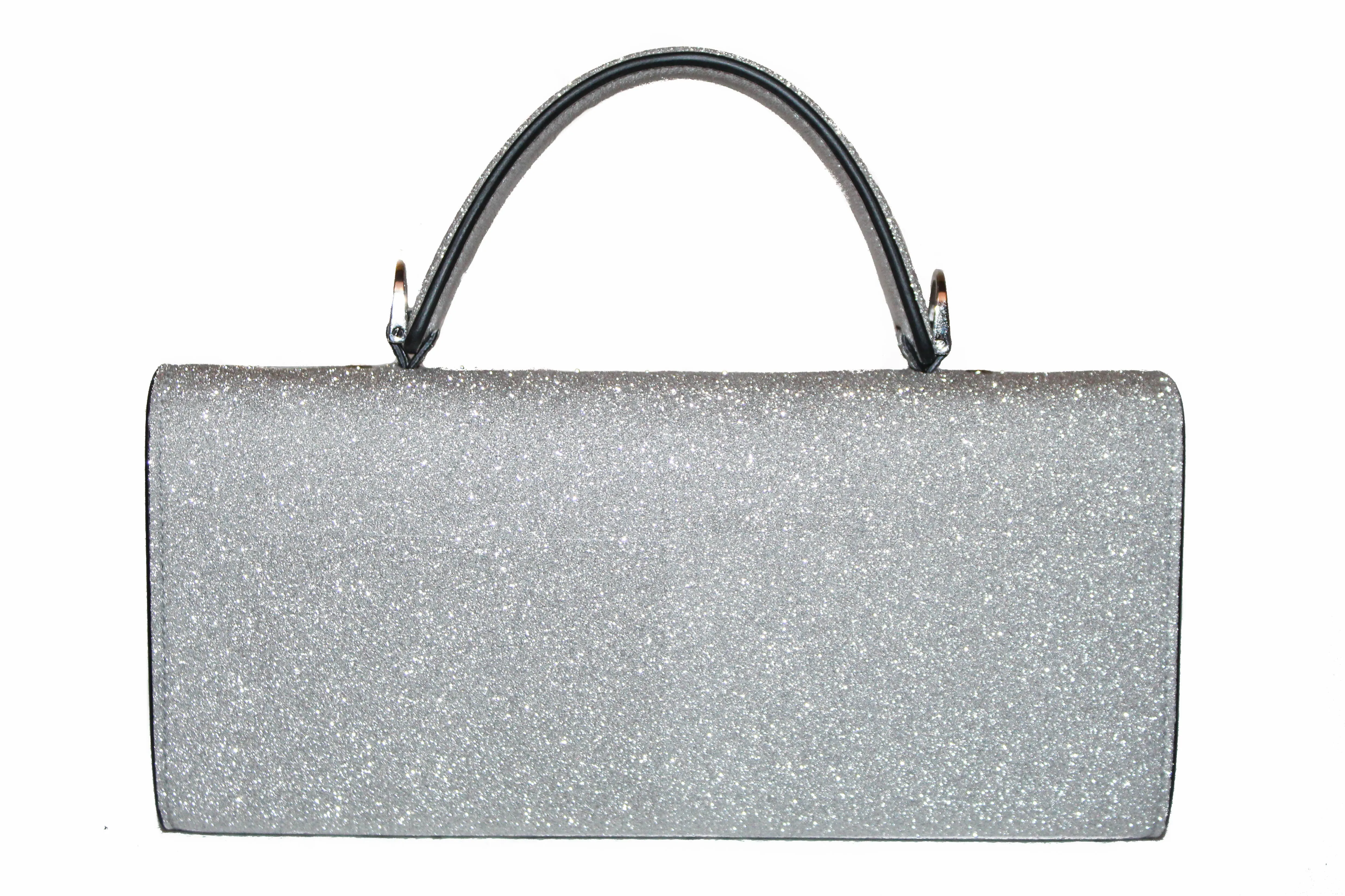 Authentic New Salvatore Ferragamo Metallic Silver Glitter Mini Vara Bow Top Handle Clutch