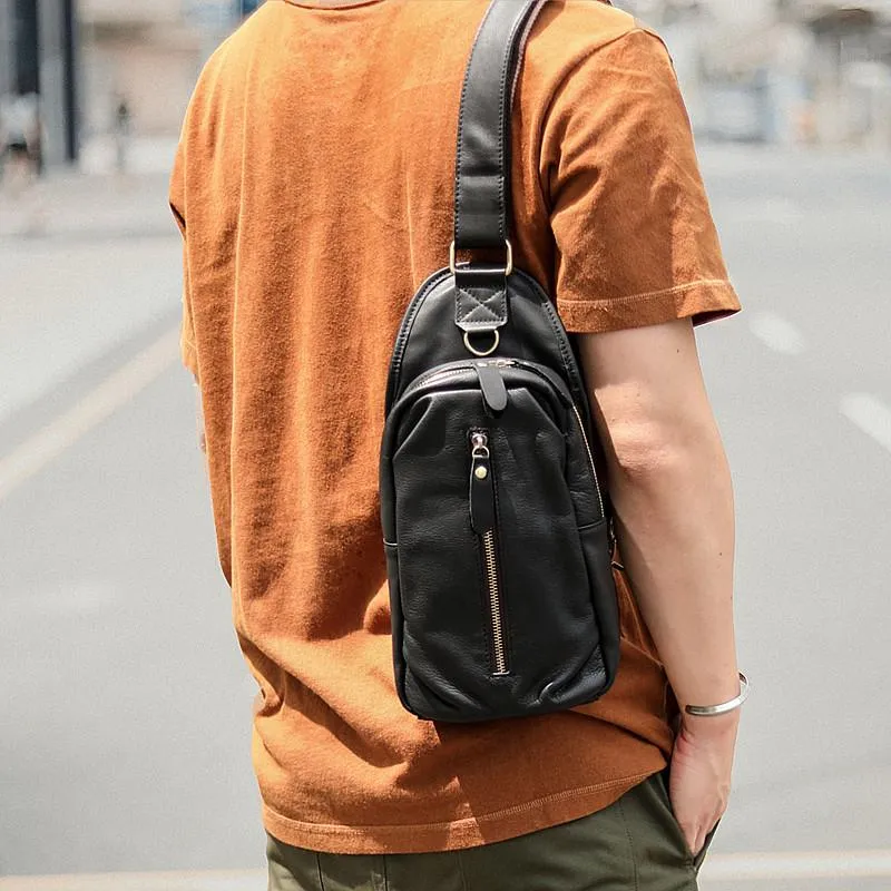 Black Cool Leather Mens Sling Bag Chest Bag Black One Shoulder Backpack For Men