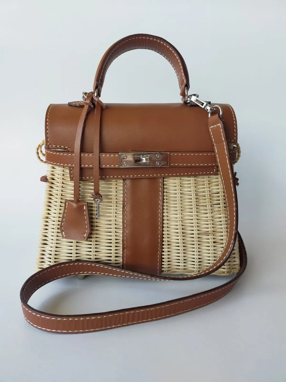 Brown genuine leather - Handmade wicker bag, Small size (25cm) silver hardware