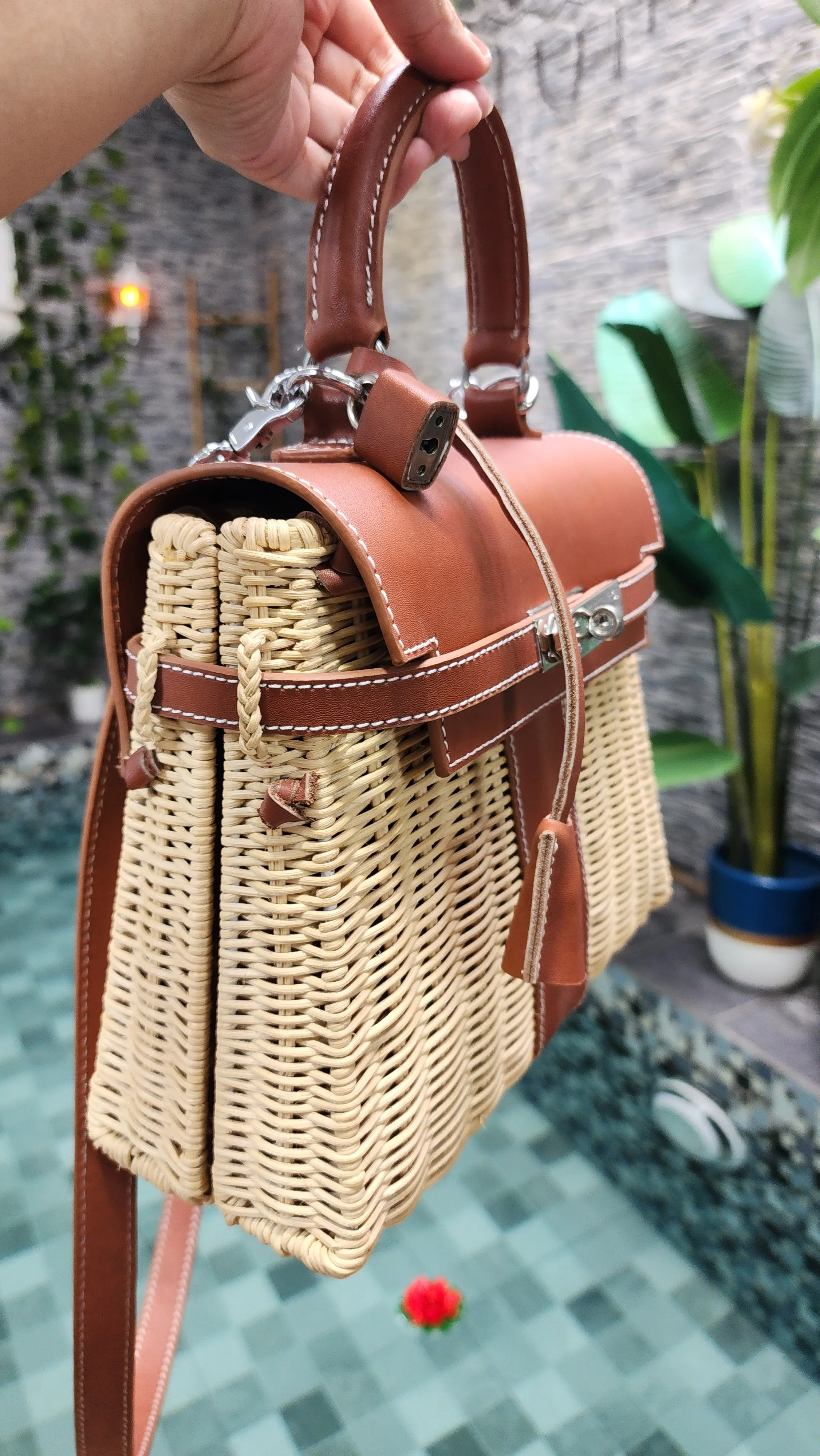 Brown genuine leather - Handmade wicker bag, Small size (25cm) silver hardware