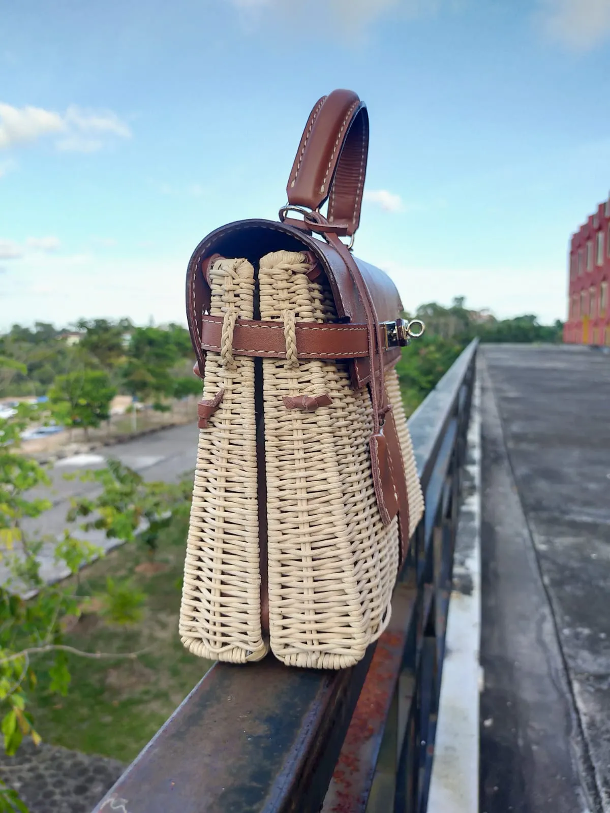 Brown genuine leather - Handmade wicker bag, Small size (25cm) silver hardware