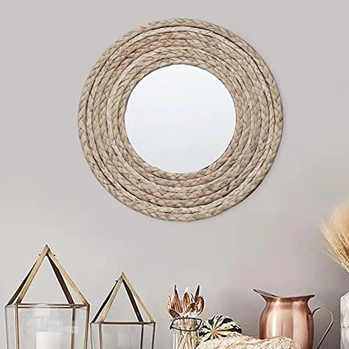 CALANDIS Round Mirror Straw Rope Hanging Wall Mirror for Apartment Decor 33Cm 18Cm