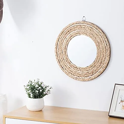 CALANDIS Round Mirror Straw Rope Hanging Wall Mirror for Apartment Decor 33Cm 18Cm