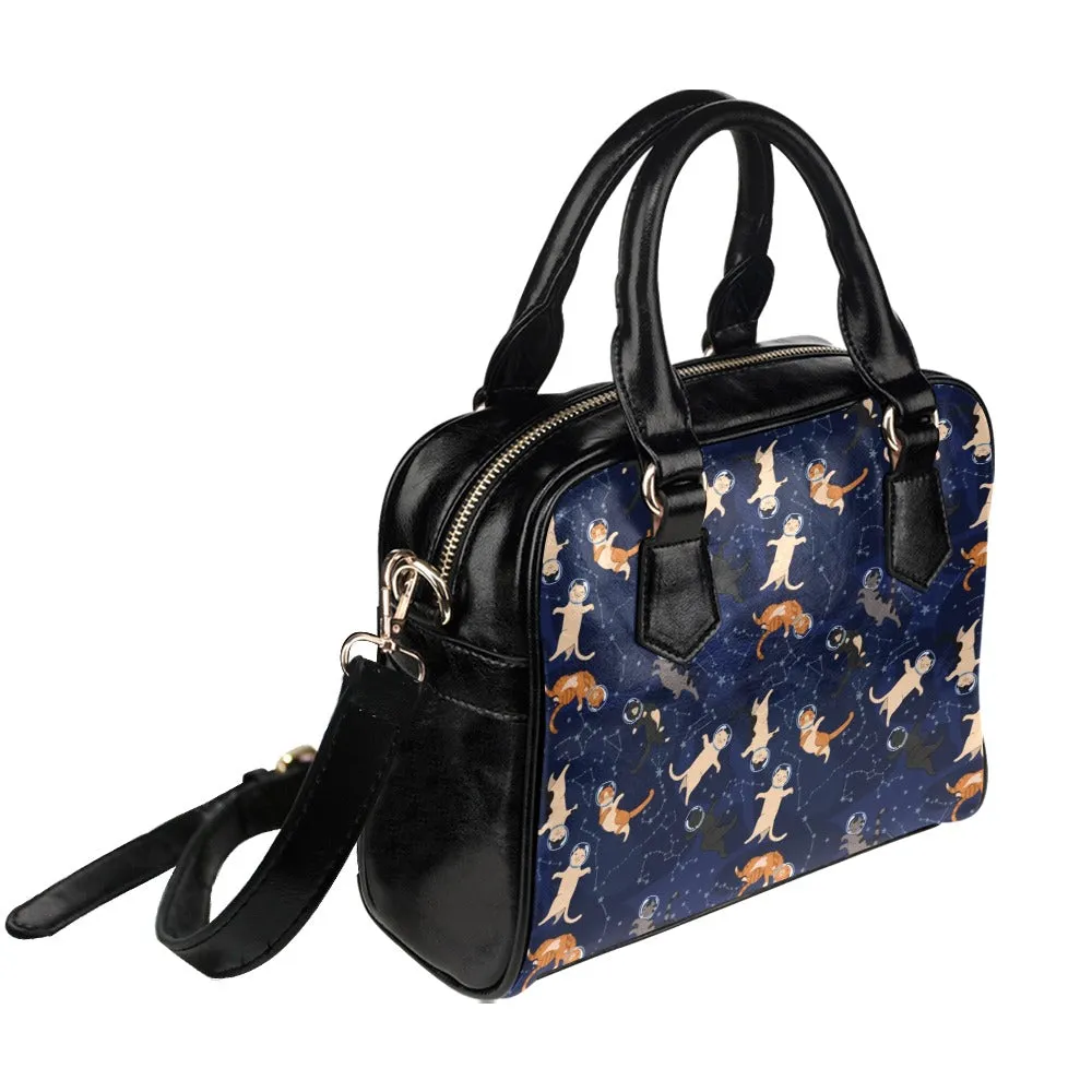 Cats in space Purse, Animal Kitten Black Blue Colorful Print Small Shoulder Bag High Grade PU Leather Women Designer Handbag