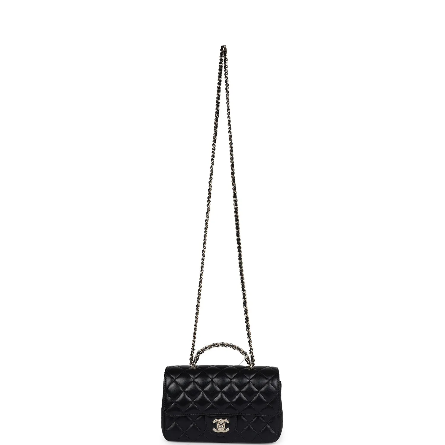 Chanel Mini Rectangular Crystal Top Handle Flap Bag Black Lambskin Light Gold Hardware