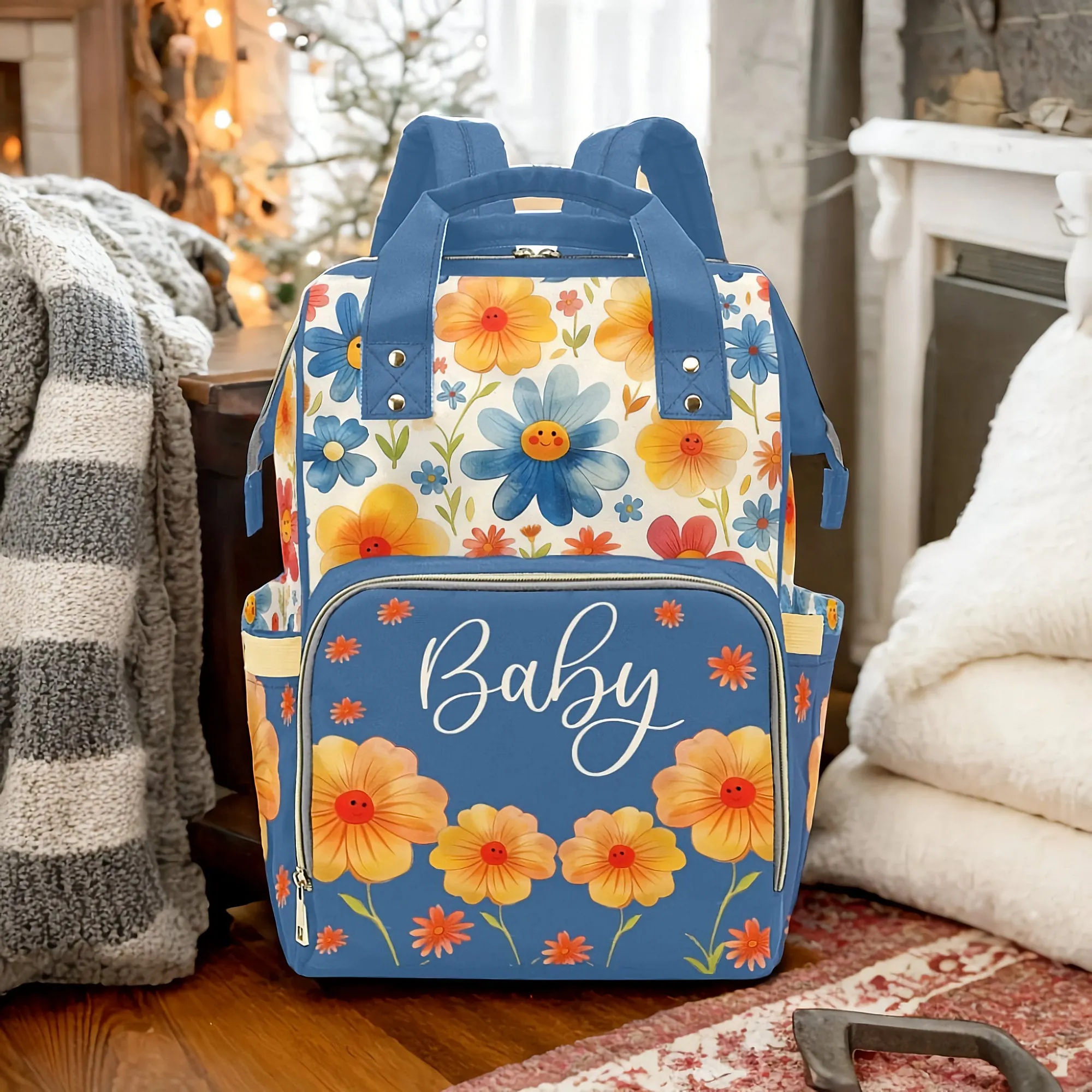 Diaper Bag Backpack - Watercolor Floral Smileys Girls Personalized Diaper Backpack