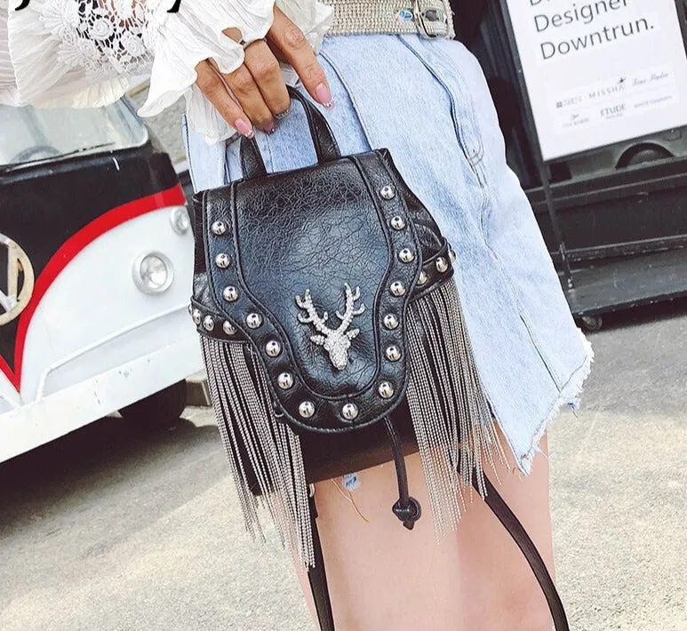 Embellished Stag Tassel Crossbody Bag