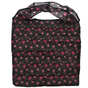 Floral Print Black Shopping Bag in Pocket Pouch