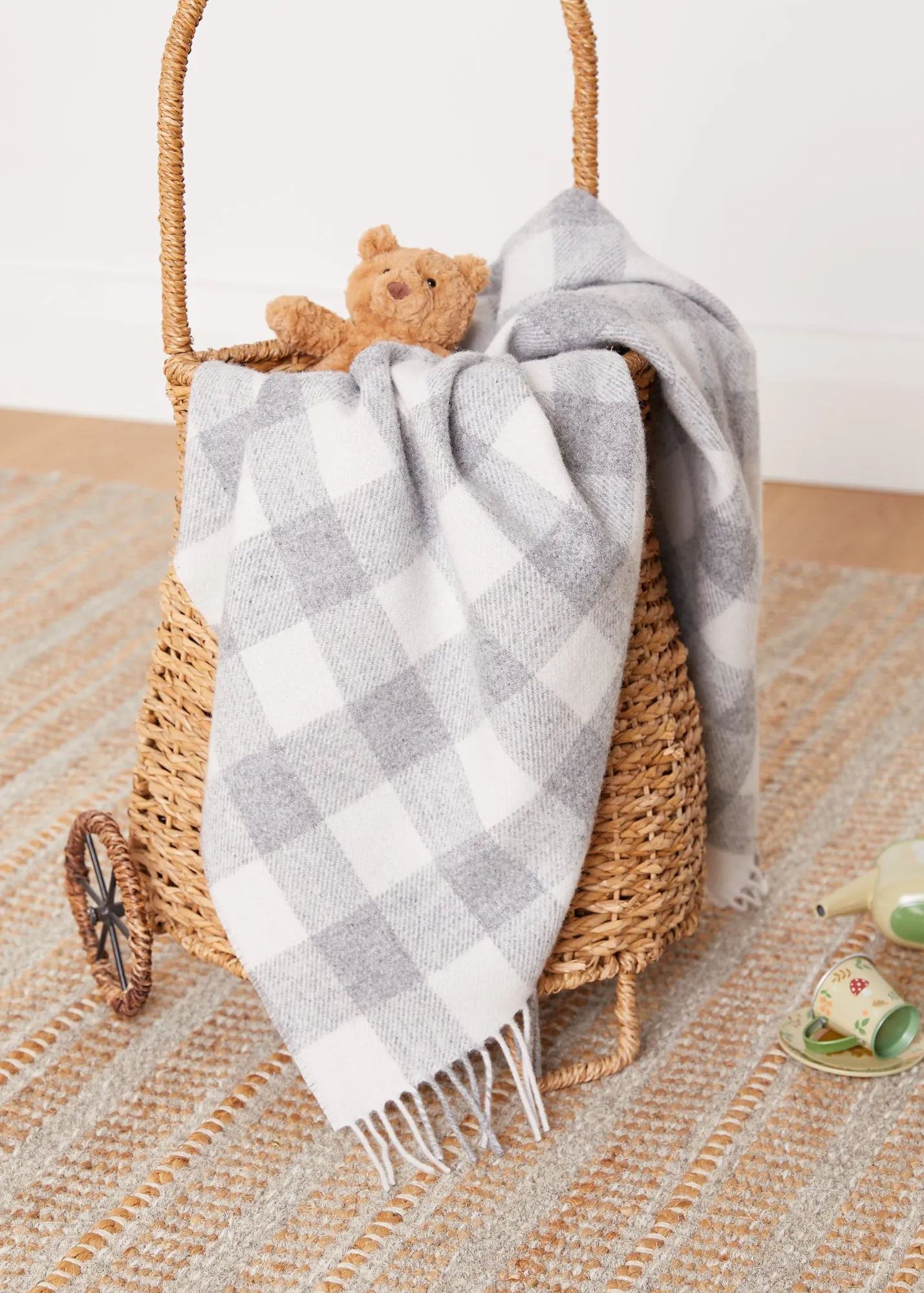 Foxford Pearl Grey Check Lambswool Baby Blanket