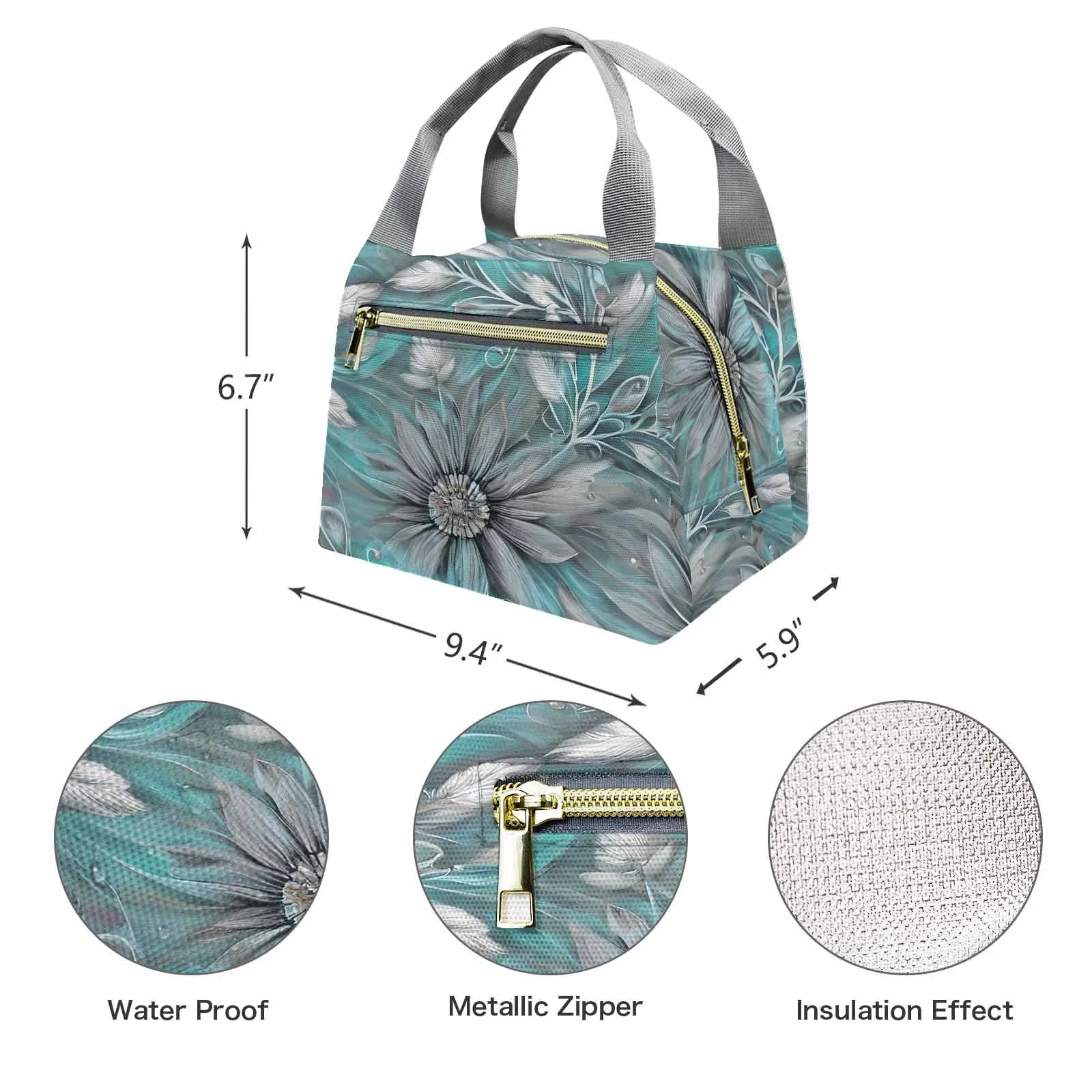 Green Elegant Floral 50  Portable Lunch Bag-Grey Handle