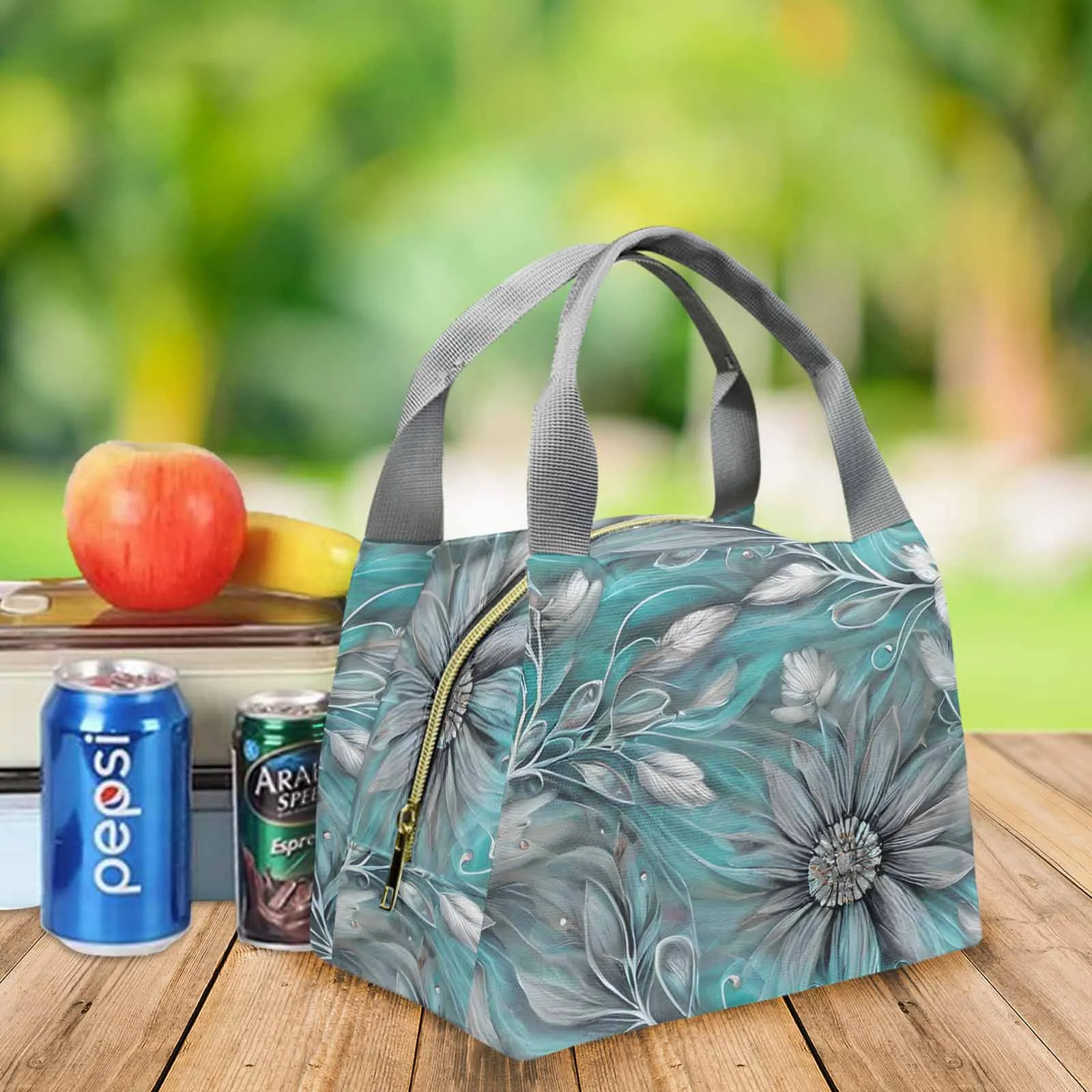 Green Elegant Floral 50  Portable Lunch Bag-Grey Handle