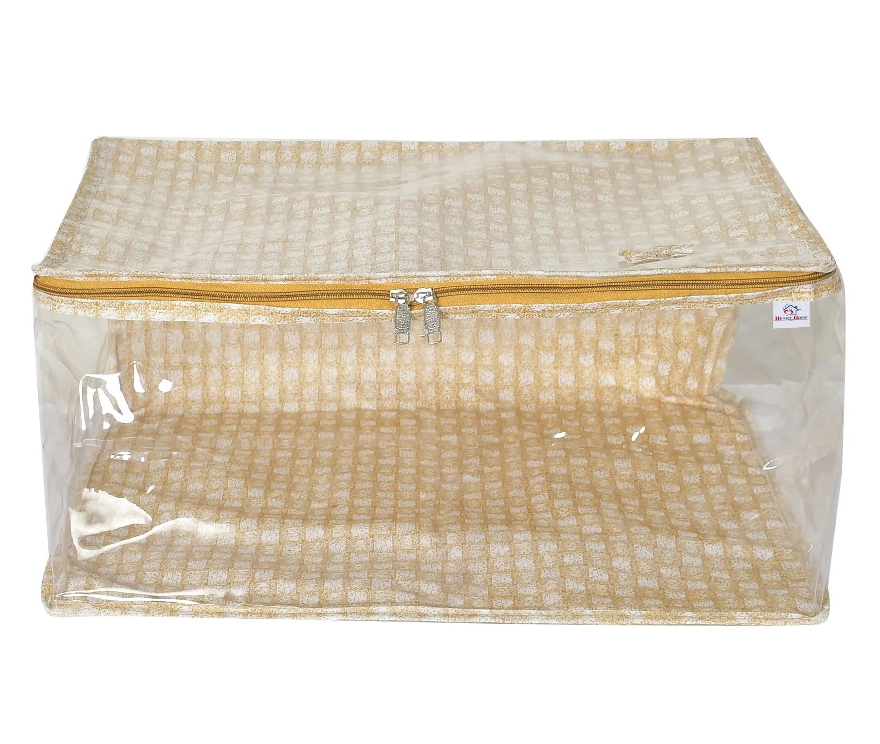 Heart Home Check Design Laminated Transparent Waterproof Underbed Storage Bag, Storage Organiser For Quilts, Blankets, Pillows, Bedsheets, Towels, Summer and Winter Cloth (Gold)-HS_38_HEARTH21445