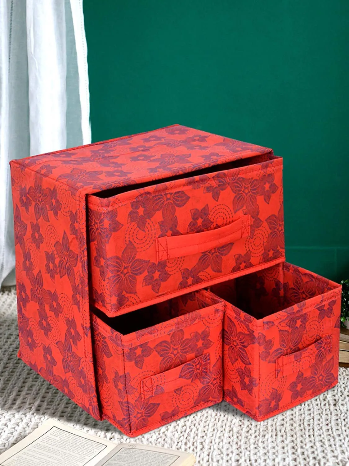 Heart Home Metallic Flower Printed 3 Drawers Foldable Non-Woven Dressing/Jewllery/Makeup Organizer Box- Pack of 2 (Red)-HS43HEARTH26850