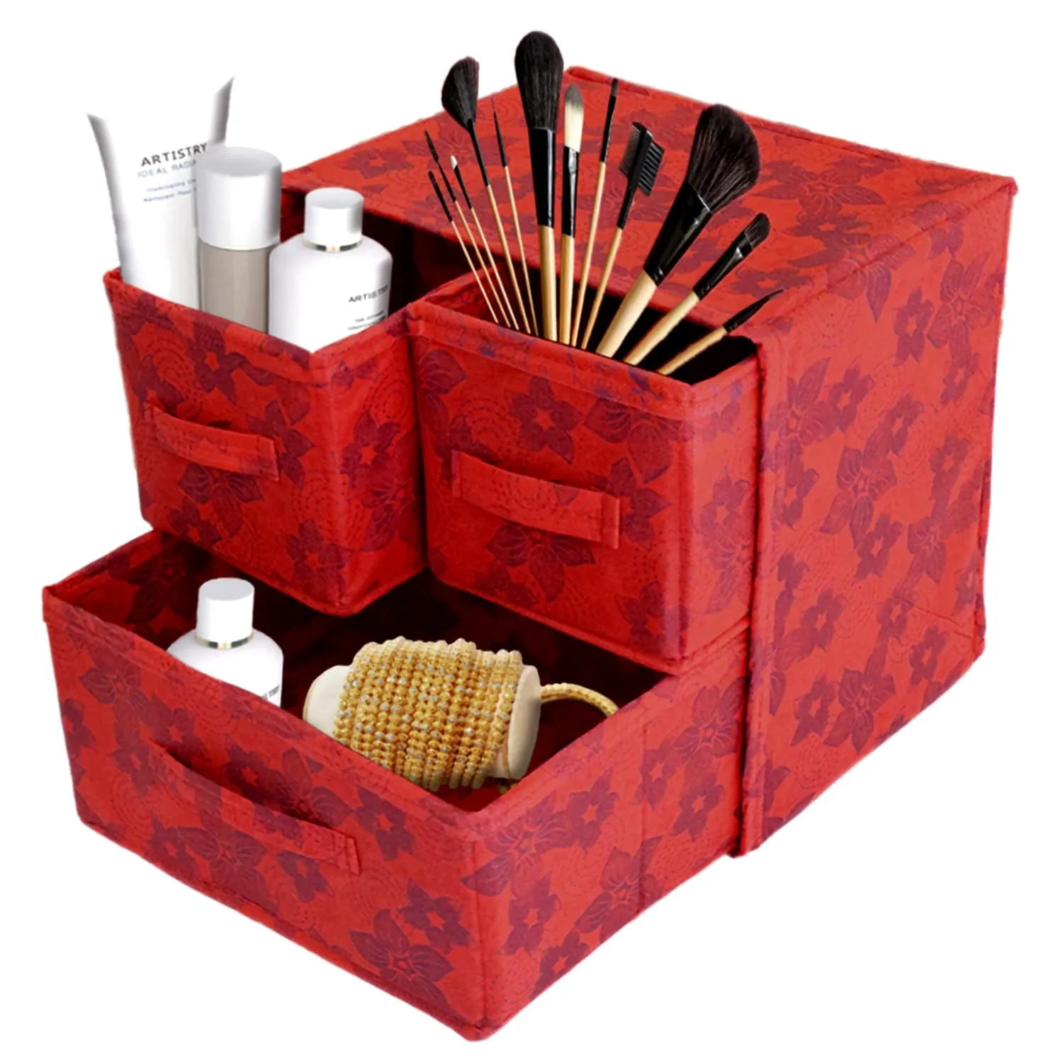 Heart Home Metallic Flower Printed 3 Drawers Foldable Non-Woven Dressing/Jewllery/Makeup Organizer Box- Pack of 2 (Red)-HS43HEARTH26850