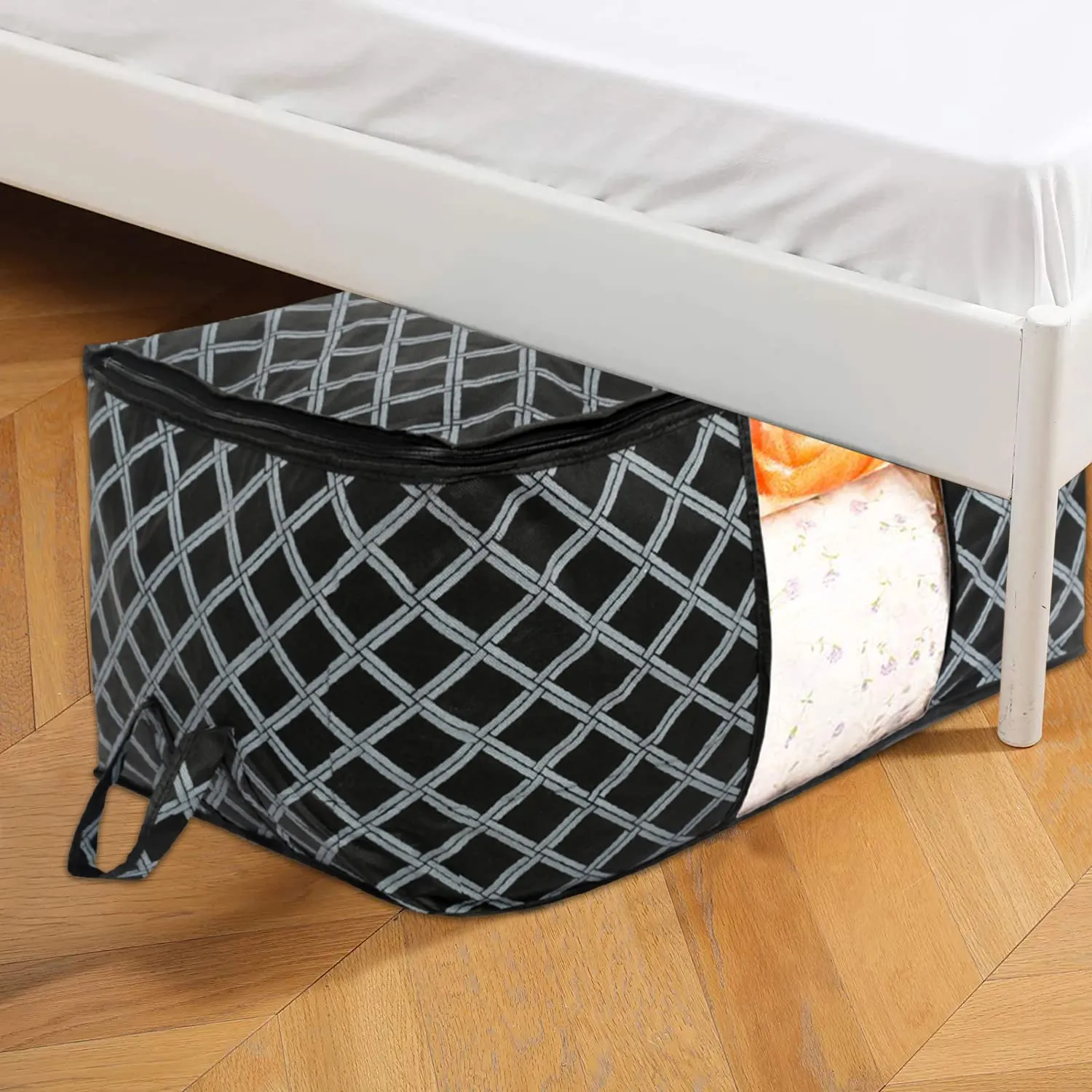 Heart Home Non-Woven Check Print Jumbo Underbed Storage Bag|Clothes Organizer For Clothes, Quilts, Blankets With Handle Pack of 2 (Black)