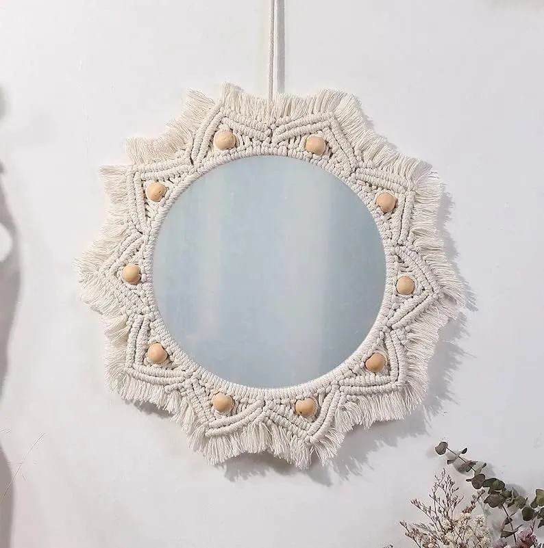 Home Decor Macrame Hanging Wall Mirror with Macrame Round Mirror Art Boho Decor. Macrame Decorative Feather Home Decoration. Macrame Hanging