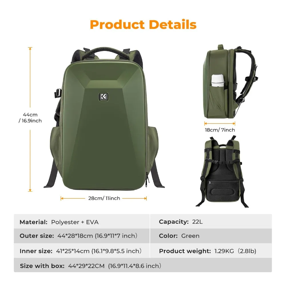 K&F Concept 22 Liters Waterproof HardShell Backpack Knapsack with Padded Dividers, fits 15.6" Laptop, Drone, Camera and Other Photography Accessories | Black, Grey, Khaki, Blue, Green