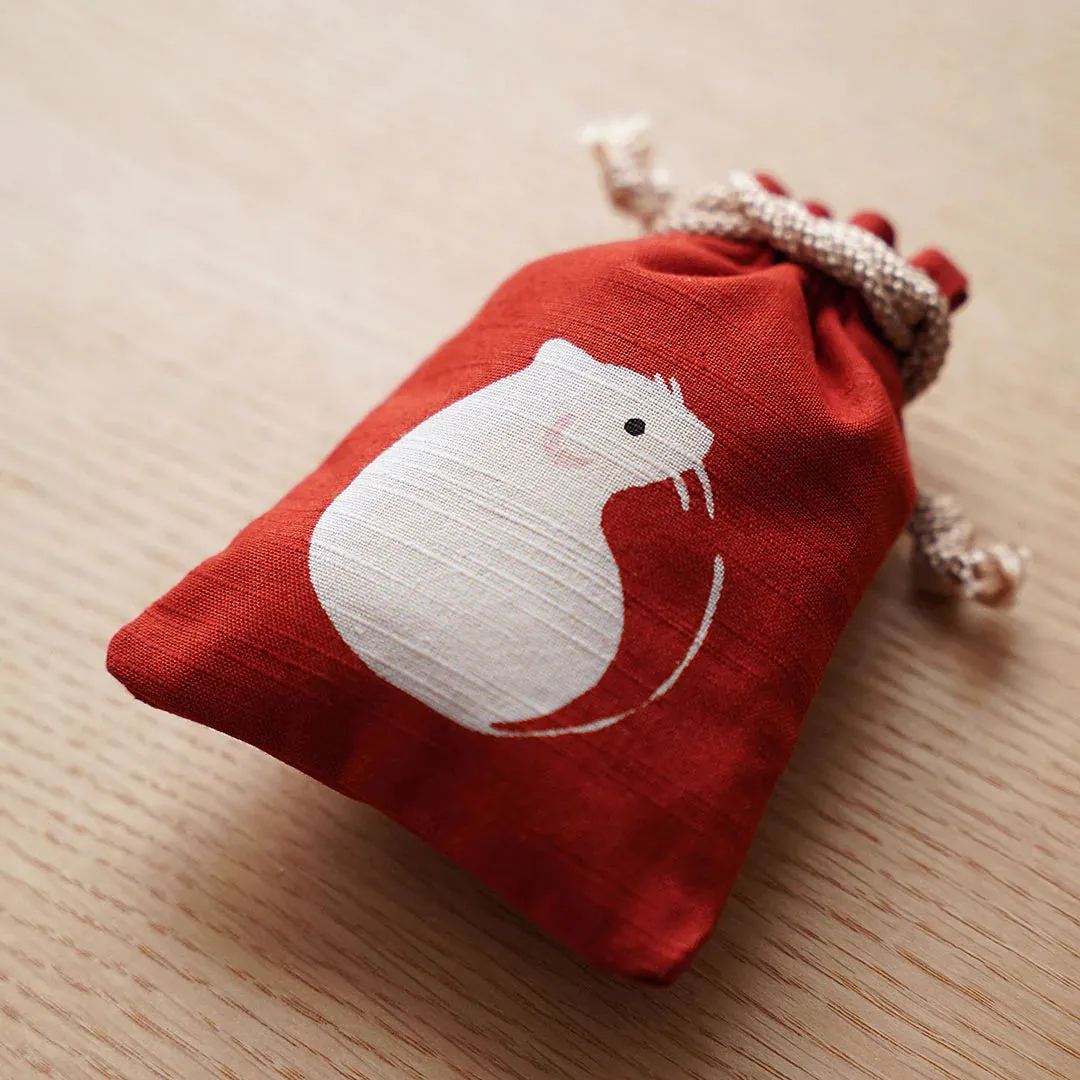 Katazome Small Talisman Bag - Rat -,  Drawstring Pouch,  Japanese traditional craft bag