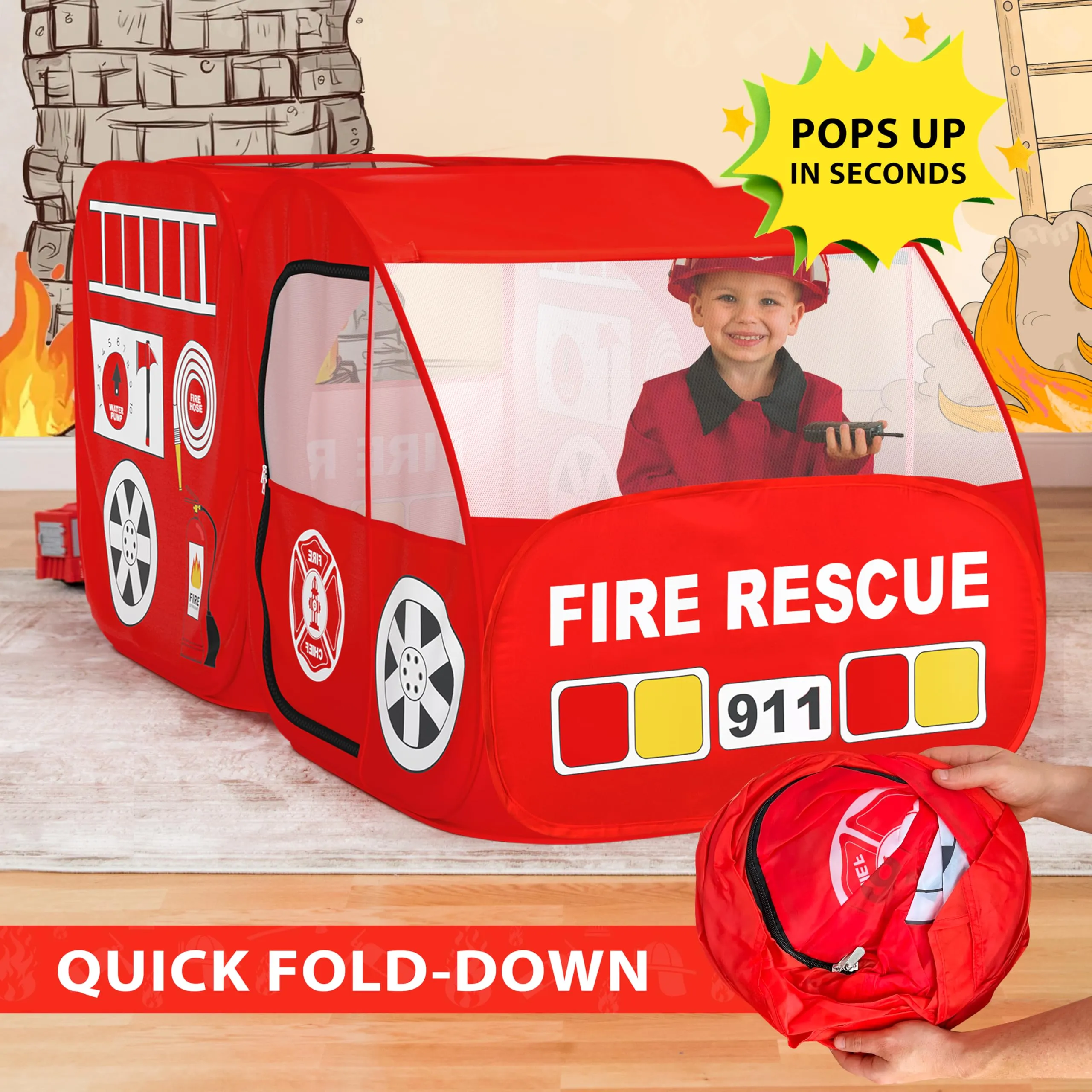 Kids Firefighter Play Tent with Hat & Jacket - Red