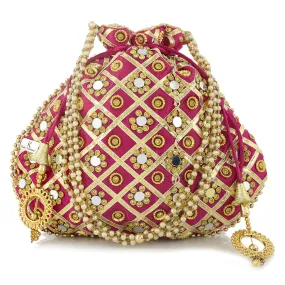 Kuber Industries 3-Layer Silk Traditional Mirror Work Clutch Potli Batwa Pouch Bag for Women/Girls (Pink)-KUBMART11531, Standard