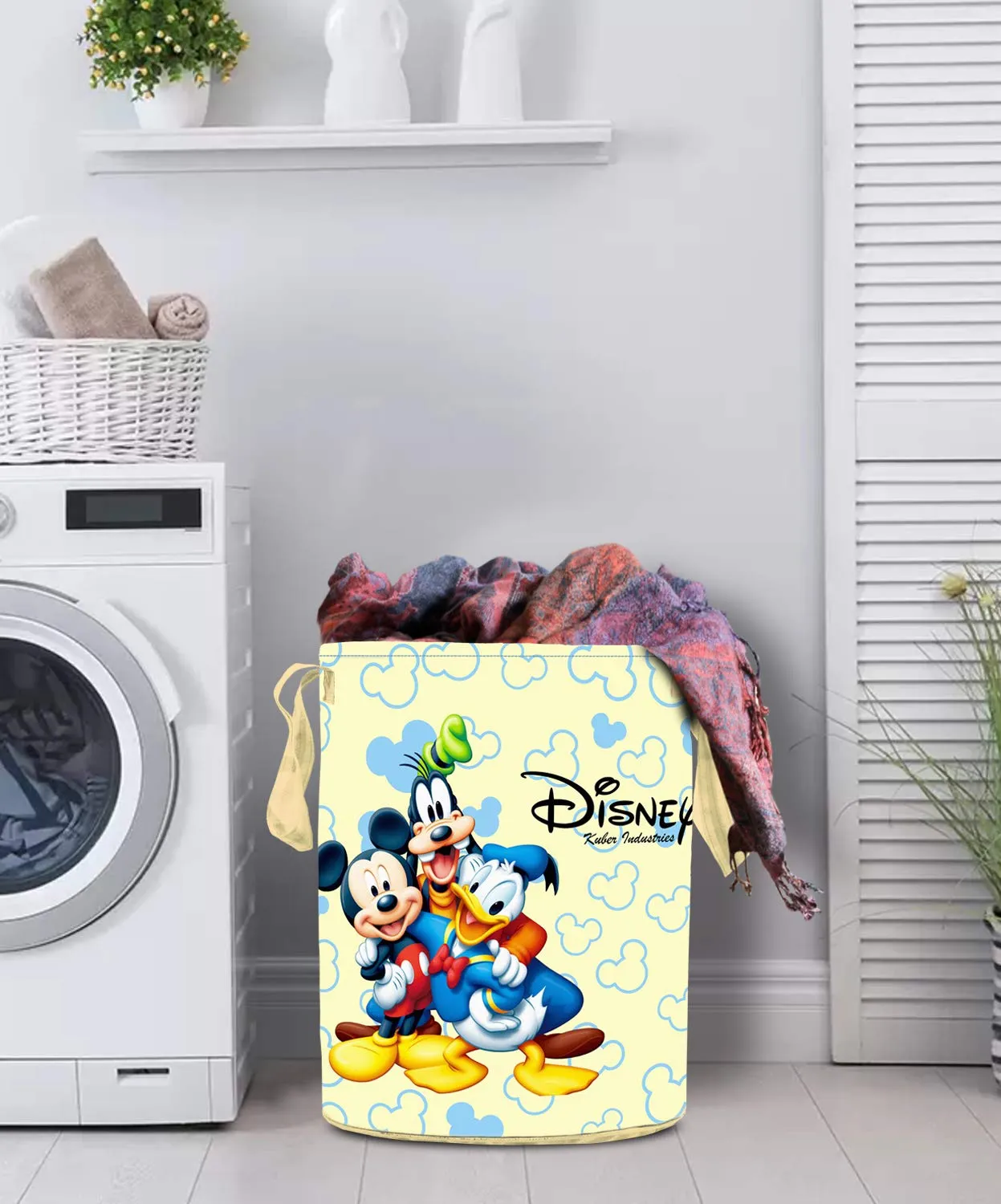 Kuber Industries Disney Team Mickey Round Non Woven Fabric Foldable Laundry Organiser with Handles,45 LTR (Cream)-KUBMART12050