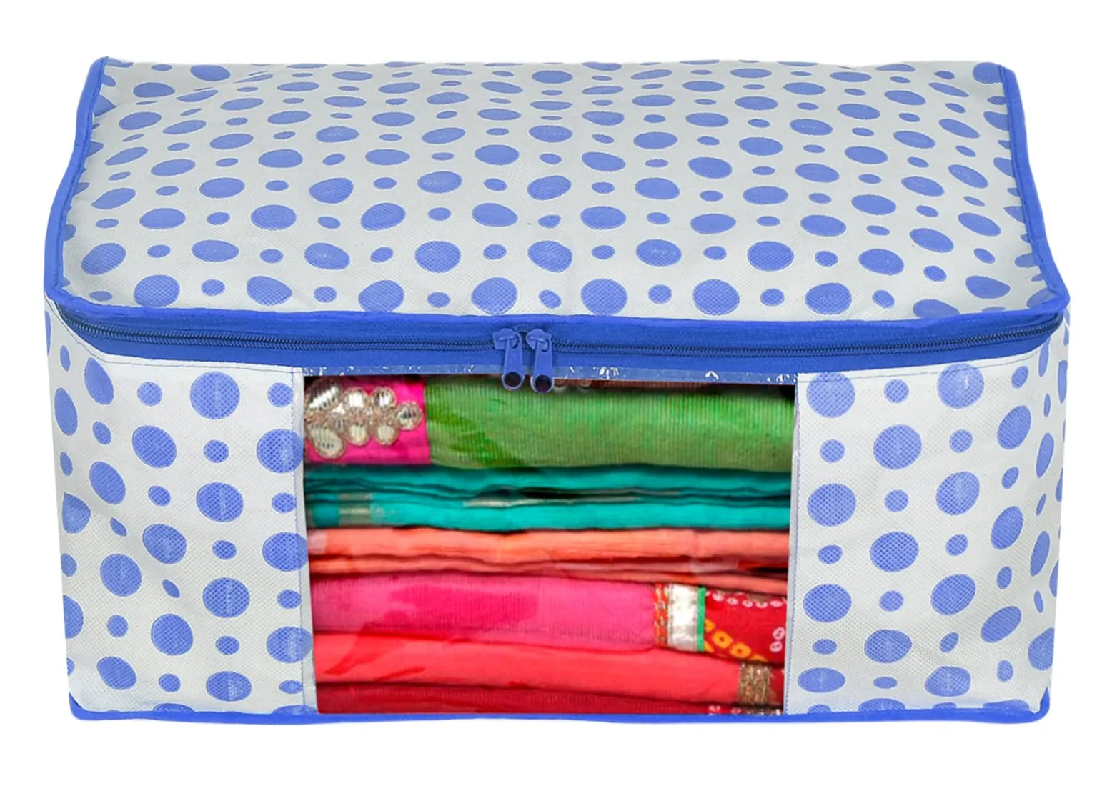 Kuber Industries Dot Printed Multiuses Non-Woven 3 Saree Cover & 3 Underbed Storage Bag/Organizer Set With Tranasparent Window, Set of 6 (Blue)-46KM0619