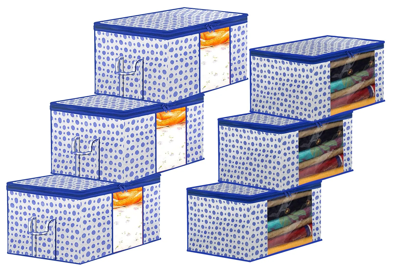 Kuber Industries Dot Printed Multiuses Non-Woven 3 Saree Cover & 3 Underbed Storage Bag/Organizer Set With Tranasparent Window, Set of 6 (Blue)-46KM0619