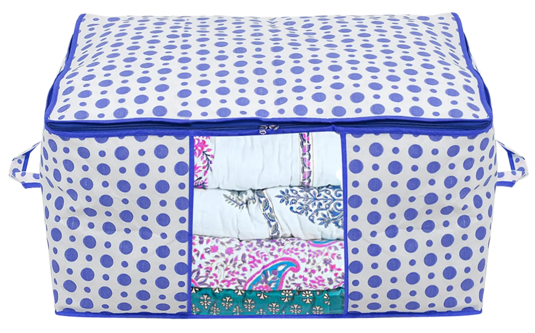 Kuber Industries Dot Printed Multiuses Non-Woven 3 Saree Cover & 3 Underbed Storage Bag/Organizer Set With Tranasparent Window, Set of 6 (Blue)-46KM0619