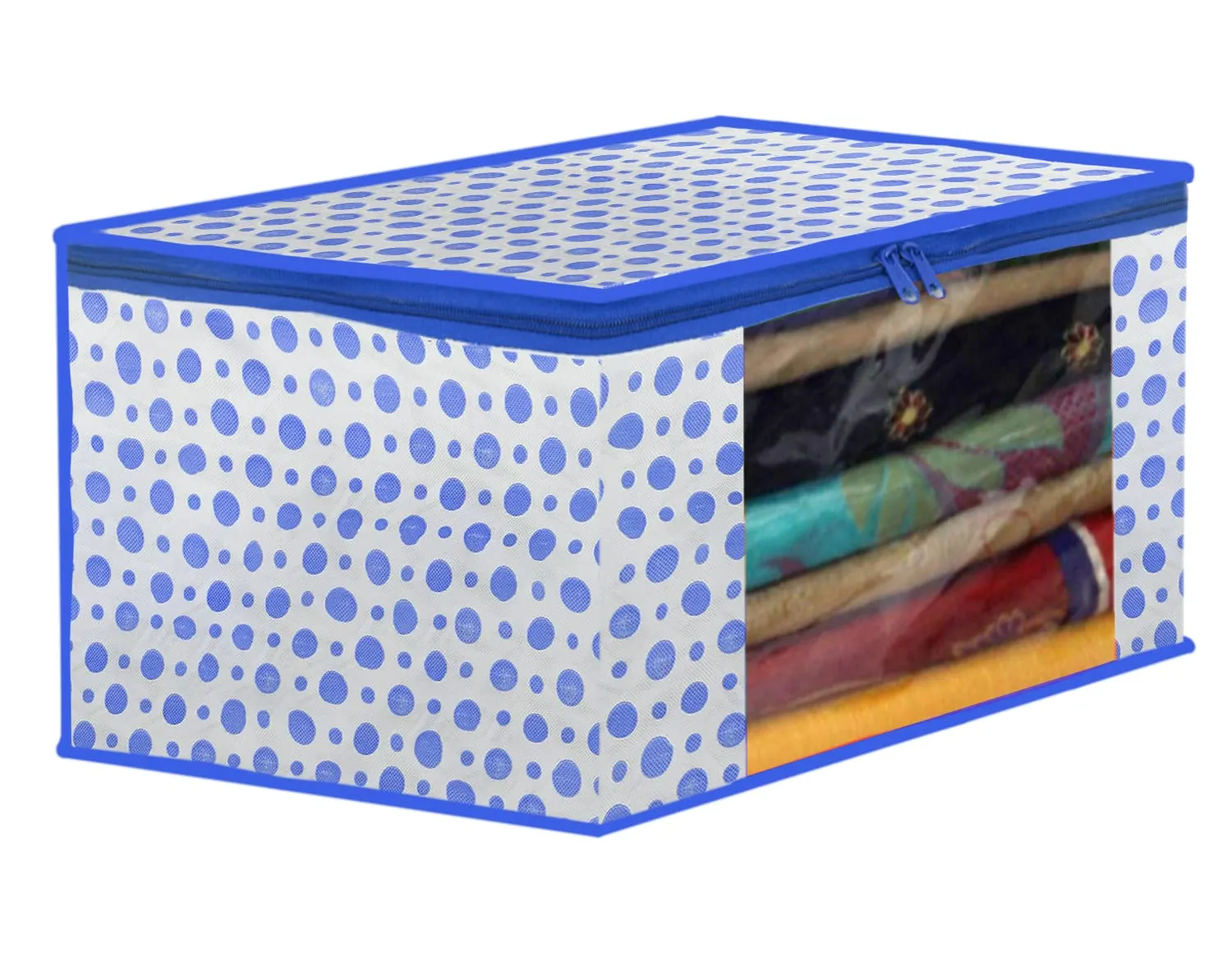 Kuber Industries Dot Printed Multiuses Non-Woven 3 Saree Cover & 3 Underbed Storage Bag/Organizer Set With Tranasparent Window, Set of 6 (Blue)-46KM0619