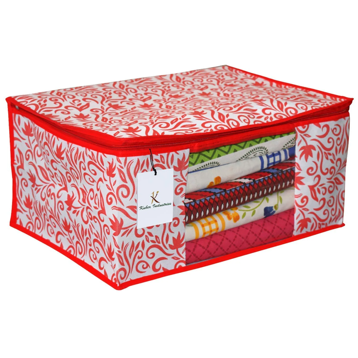 Kuber Industries Leaf Design 4 Piece Non Woven Saree Cover and 4 Pieces Underbed Storage Bag, Storage Organiser, Blanket Cover, Red & Pink -CTKTC42420