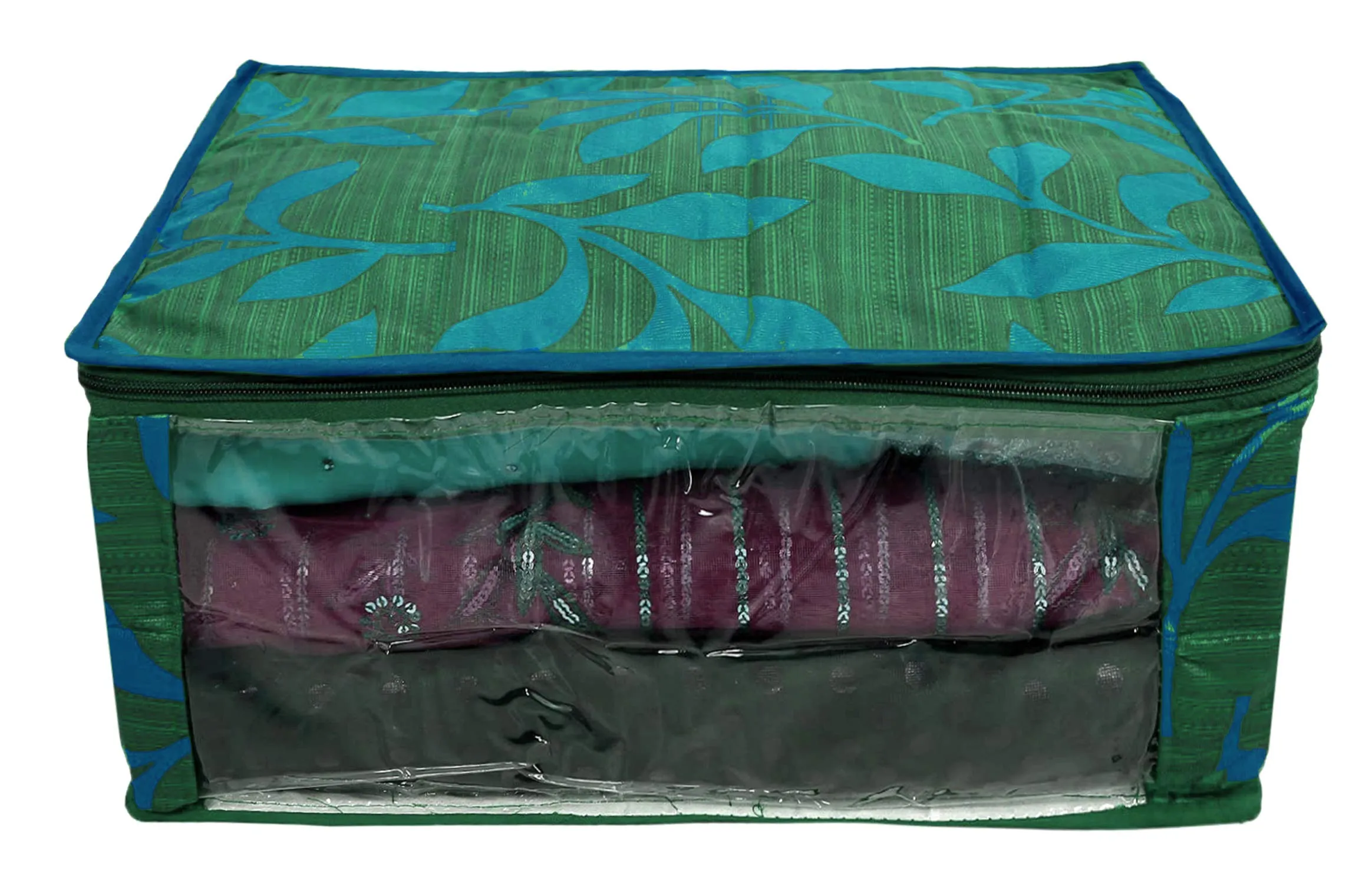 Kuber Industries Leaf Printed Saree Cover Bag/Wardrobe Organiser with Transparent Window-Pack of 2 (Green & Maroon)