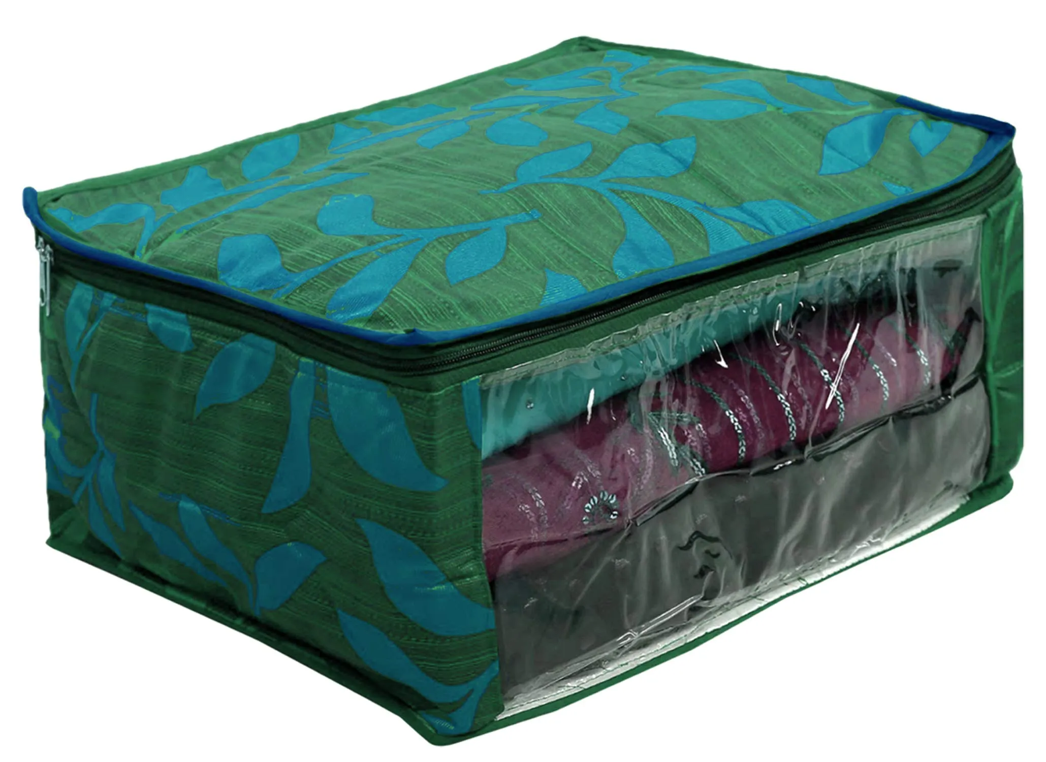 Kuber Industries Leaf Printed Saree Cover Bag/Wardrobe Organiser with Transparent Window-Pack of 2 (Green & Maroon)