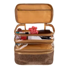 Kuber Industries Makeup Kit | Jute 3 Layer Cosmetic Kit | Antique Color Travel Kit with Clear Window | Vanity Kit for Woman with Handle | Golden